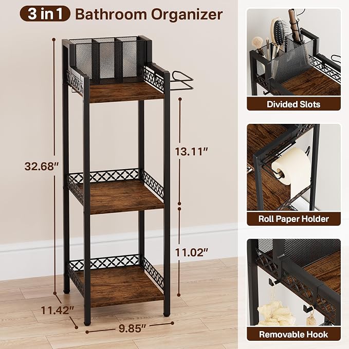Bathroom Storage Shelf Hair Dryer Holder, 3-Tier Narrow Metal Standing Rack - Image 3