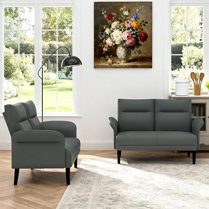 Faux Leather Loveseat with Wide Armrests, Symmetrical Shawl Arm 2-Seater Sofa - Image 8