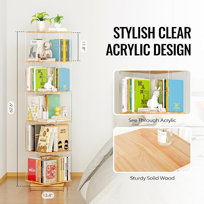 TAKEKIT 5-Tier Rotating Bookshelf, 360° Spinning Book Shelf Tower - Image 3