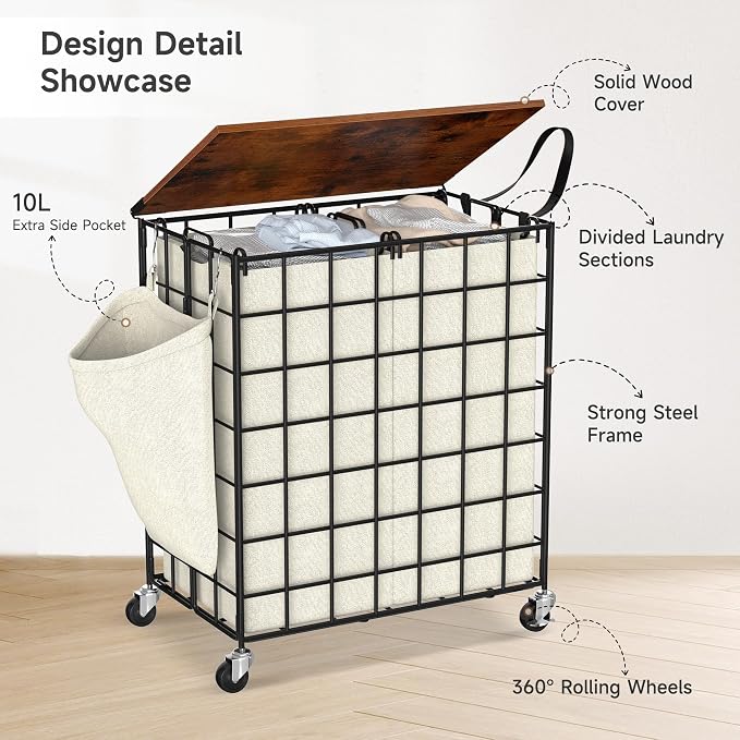 Laundry Basket with Wheels, Heavy Duty Laundry Sorter 2 Sections, 120L Large - Image 5