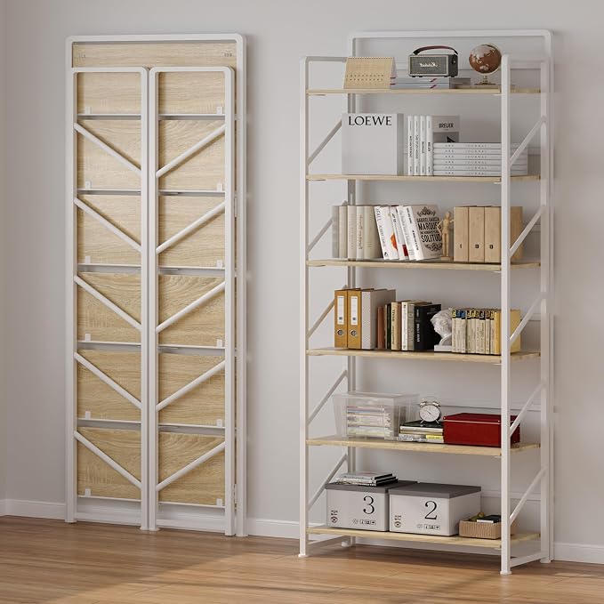 JSB No Assembly Folding Bookshelf, 6 Tier Industrial Metal Book Shelf - Image 4