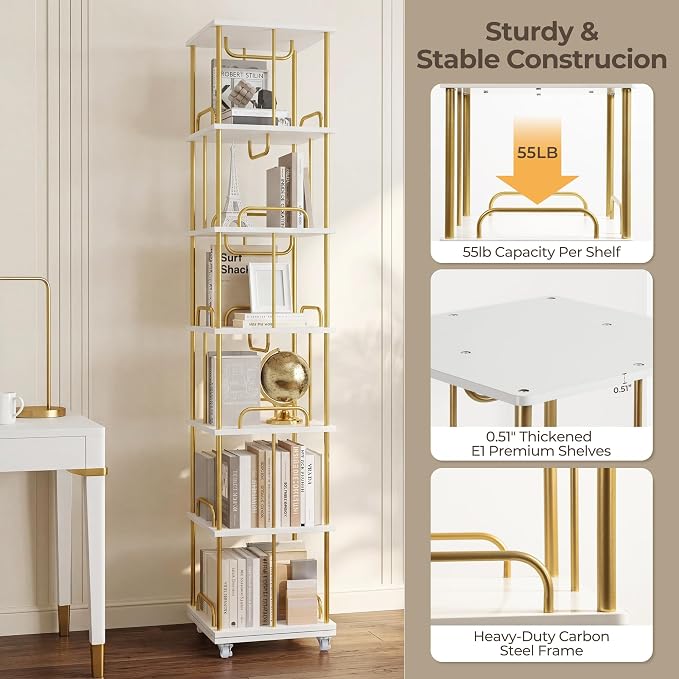 Rotating Bookshelf, 6 Tier Tall Spinning Skinny Book Shelf White | Gold Modern - Image 8