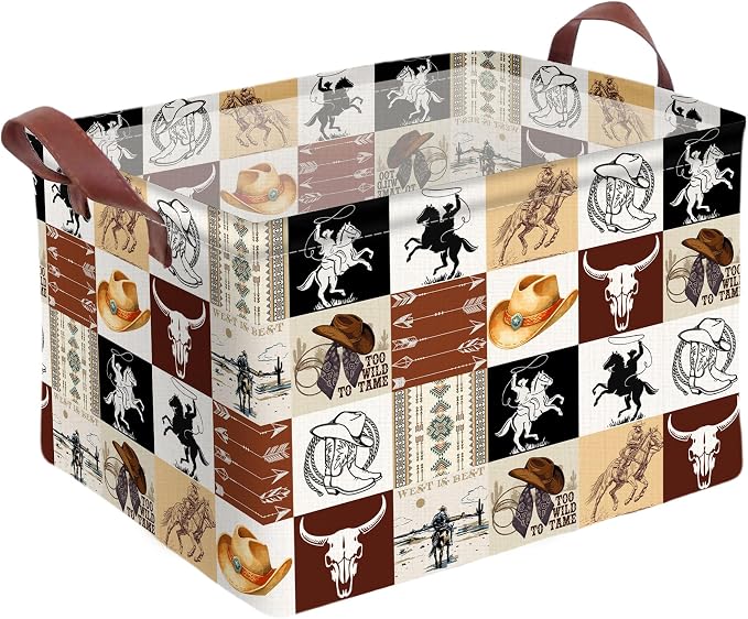 Western Cowboy Storage Basket Waterproof Canvas Toy Storage Bin Western Home by AmazerPad