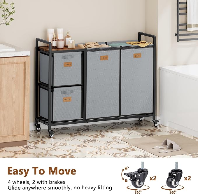 Hoctieon 4 Section Laundry Cart, 48 Gal. Laundry Hamper - Image 7