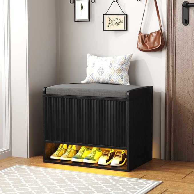 HOMEFORT 23.6" Fluted Shoe Storage Bench, Small Entryway Bench by HOMEFORT