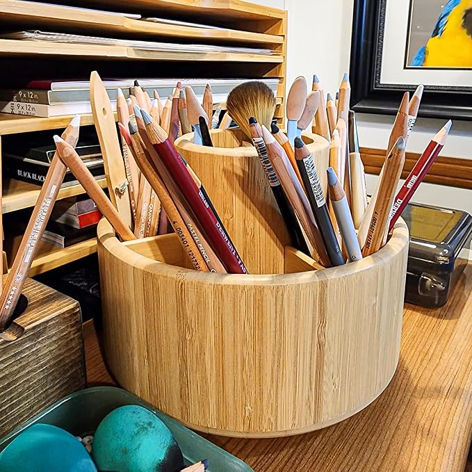VaeFae Bamboo Pen Holder Organizer, 360° Rotating Art Supply Organizer - Image 6