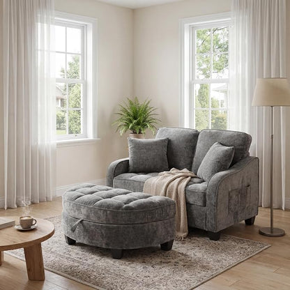 ERYE Chenille Tufted Loveseat Sofa and Ottoman Set, Tufted Recliner Sleeper - Image 3