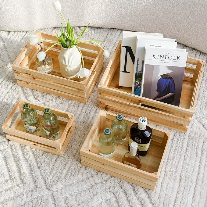 Set of 4 Large Wooden Crates Unfinished Office Storage Crates, Decorative Wood - Image 3