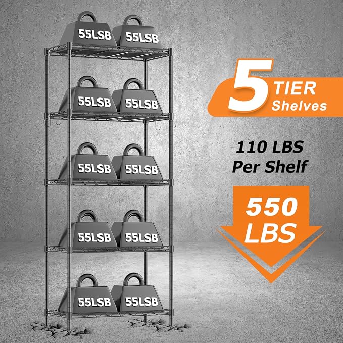Storage Shelves, 21.3" W x 11.8" D x 58.5" H Wire Shelving Unit Loads 550LBS - Image 4