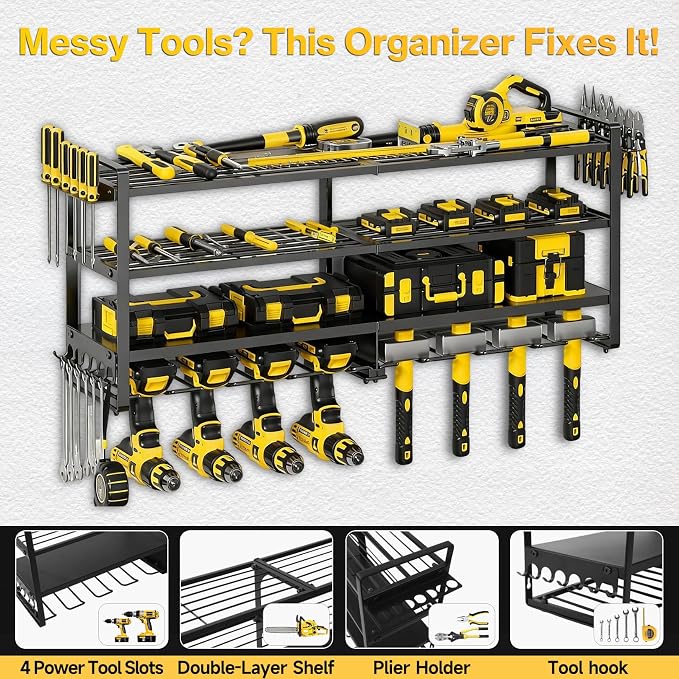 Heavy Duty 4-Tier Wall Mount Tool Rack, 8-Drill Holder & Charging Station - Image 5