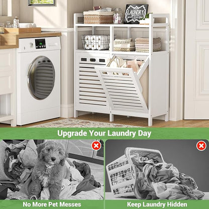 Homykic Tilt Out Laundry Hamper Cabinet, Bamboo Double Laundry Hamper - Image 5