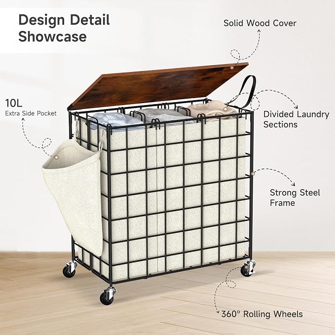 Laundry Basket with Wheels, Heavy Duty Laundry Sorter 3 Sections, 140L Large - Image 5
