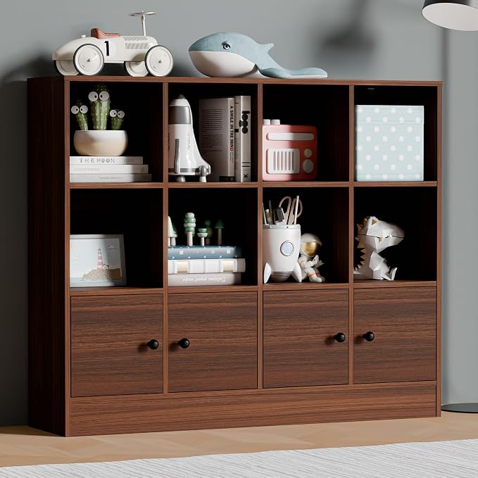 Cozy Castle Brown Wood Bookcase, 12 Cube Storage Organizer Bookshelf - Image 8
