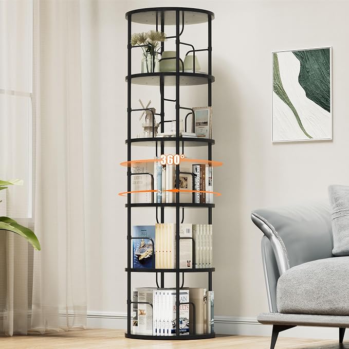 Flycity 5 Tier Rotating Bookshelf, 360° Corner Bookshelf Tower, Round Revolving by FLYCITY