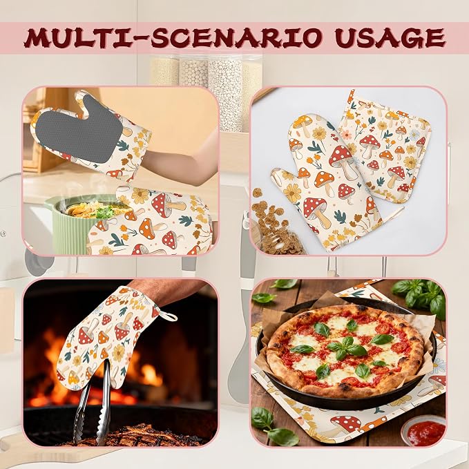 Retro Mushroom Daisy Flowers Silicone Oven Mitts and Pot Holders, - Image 6