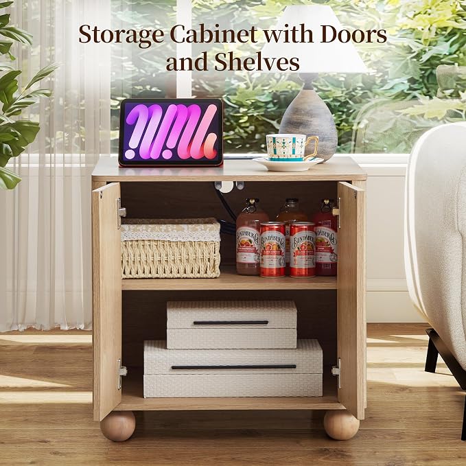Bed Side Table with Charging Station, Mid Century Modern Nightstand with 2 Doors - Image 4