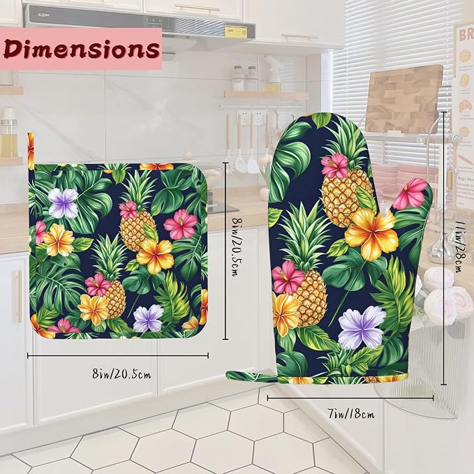 Pineapple Heat-Resistant Silicone Oven Mitts and Pot Holders, Hawaiian Tropical - Image 2