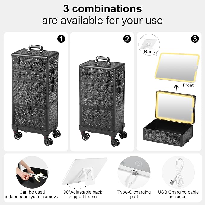 Rolling Makeup Case with Lighted Mirror, Makeup Train Case with Large Drawer - Image 2