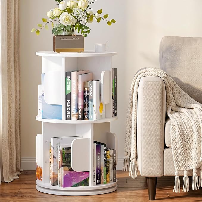 2-Tier 360° Rotating Bookshelf, Round Floor Standing Bookcase - Image 8