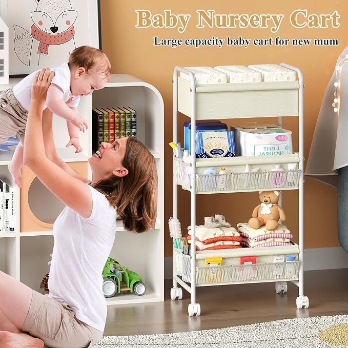 3-Tier Baby Diaper Caddy Cart Organizer, Mobile Nursery Storage Carts - Image 3