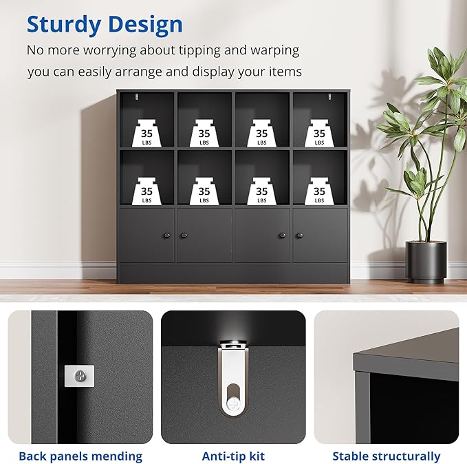 Cozy Castle Black Wood Bookcase, 12 Cube Storage Organizer Bookshelf - Image 5