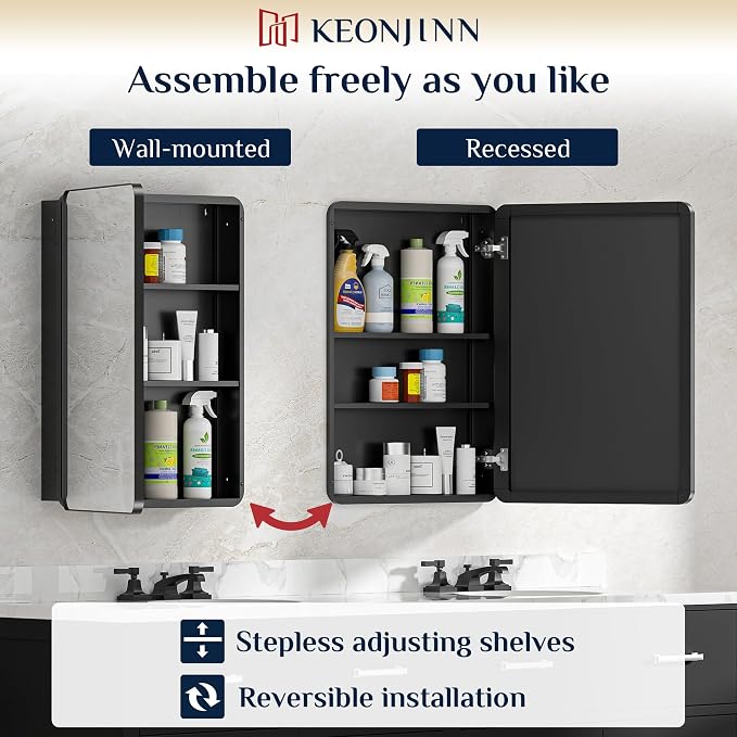 Keonjinn 16" x 24" Black Medicine Cabinet Mirror, Stainless Steel Framed | - Image 7