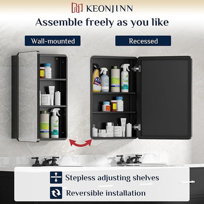 Keonjinn 16" x 24" Black Medicine Cabinet Mirror, Stainless Steel Framed | - Image 7