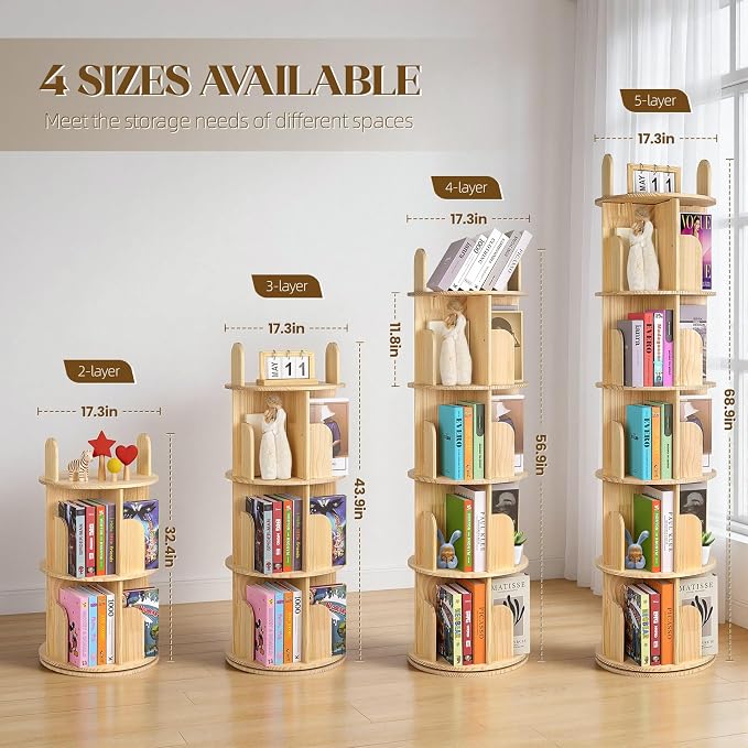 Kryonix 4 Tier Kids Rotating Bookshelf, Spinning Solid Pine Wood Bookcase | - Image 2