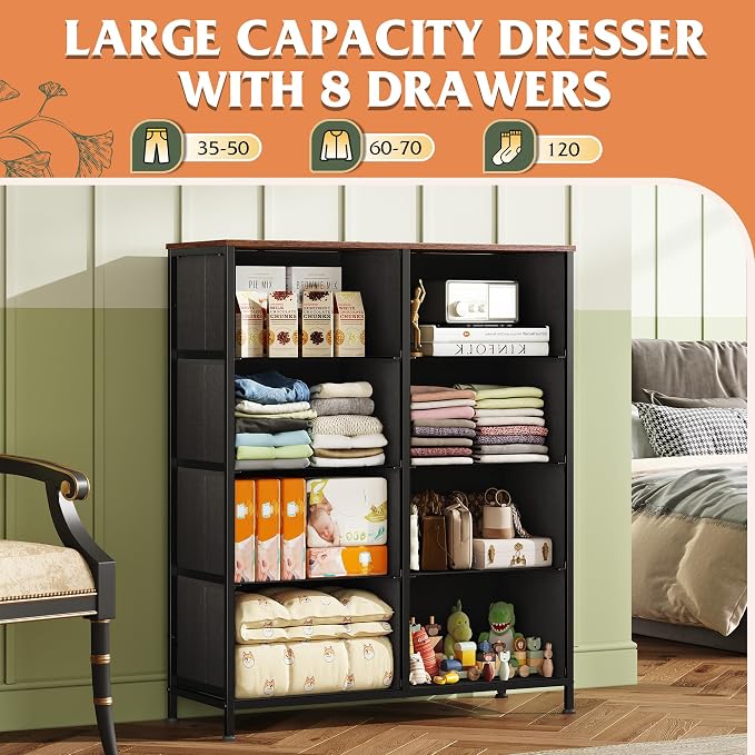 WLIVE 8 Drawer Fabric Dresser for Bedroom, Tall Storage Tower, Pattern | - Image 4