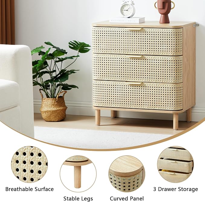 ORRD 3 Drawer Dresser Set of 2, Modern Iron Rattan Cabinet Dresser - Image 4
