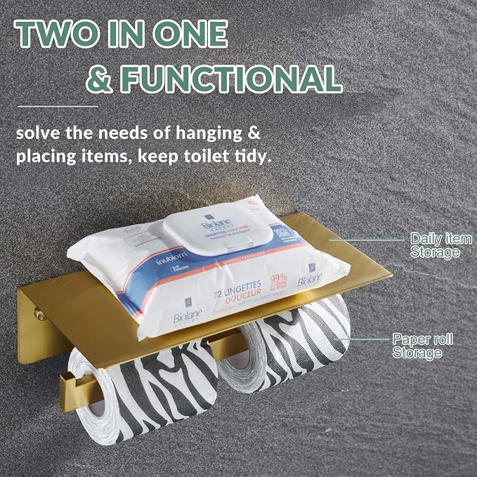 APLusee Brushed Gold Double Toilet Paper Holder - Image 3