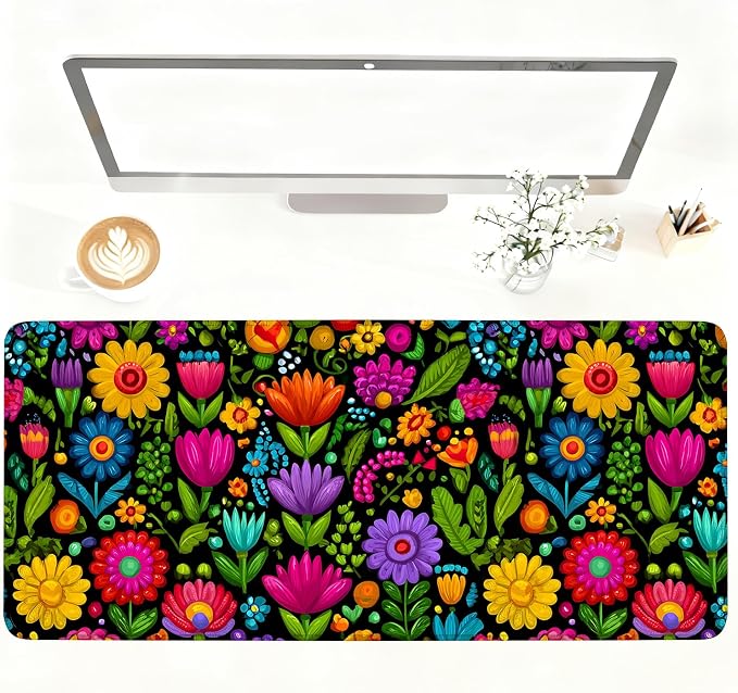 Folk Art Floral Mouse Pad – Large Extended Desk Mat 35.43 x 15.75 in – Colorful by LEIWEIHOPE