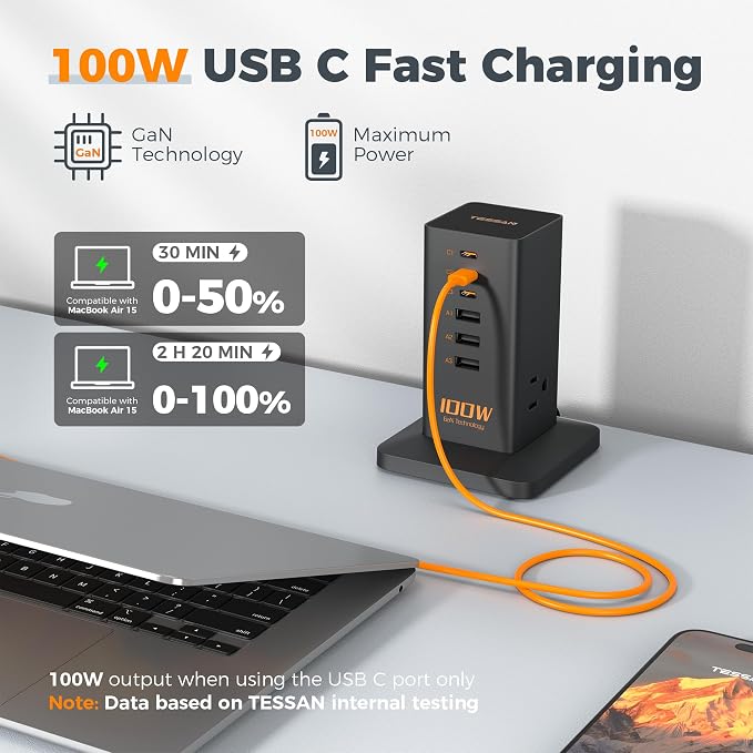 Charging Station PD 100W, TESSAN 9-in-1 USB C Power Strip - Image 4