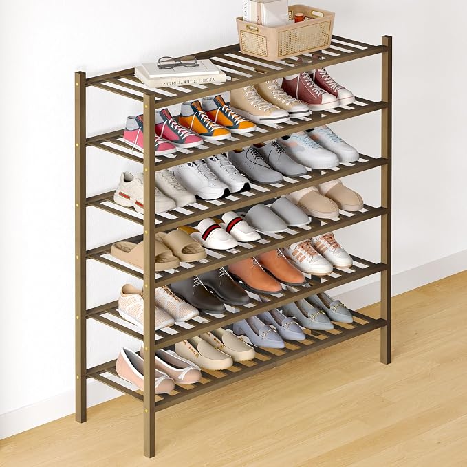 Smiry Bamboo Shoe Rack for Closet, 6 Tier Long Wooden Stackable Shoe Organizer by Smiry