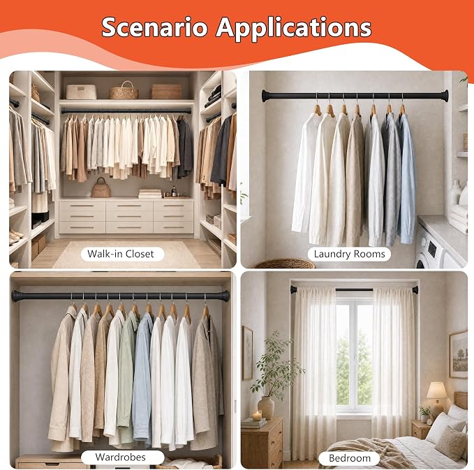 No Drilling Closet Rods for Hanging Clothes, Adjustable 30-88 in | Black - Image 6