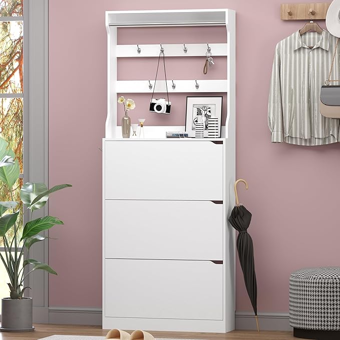 BORNOON Shoe Cabinet with 3 Flip Drawers & Coat Rack, Narrow Hidden Shoe - Image 3