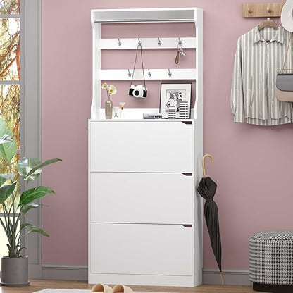 BORNOON Shoe Cabinet with 3 Flip Drawers & Coat Rack, Narrow Hidden Shoe - Image 3