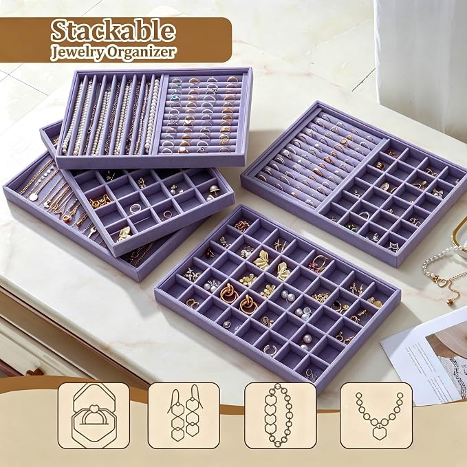 Large Velvet Jewelry Tray 2 Pack Stackable Jewelry Display Drawer Inserts Trays - Image 5