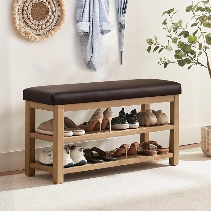 Zihanhome Shoe Rack Bench with Leather Cushion, 2 Tier Solid Wood Storage Bench - Image 3