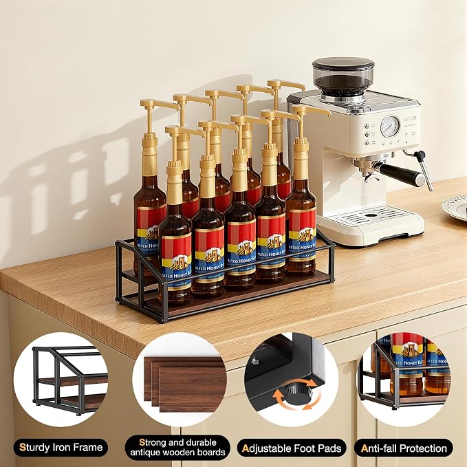 Coffee Syrup Organizer Rack, Liquor Bottle Display Shelf, 2 Tier 10 Syrup - Image 5