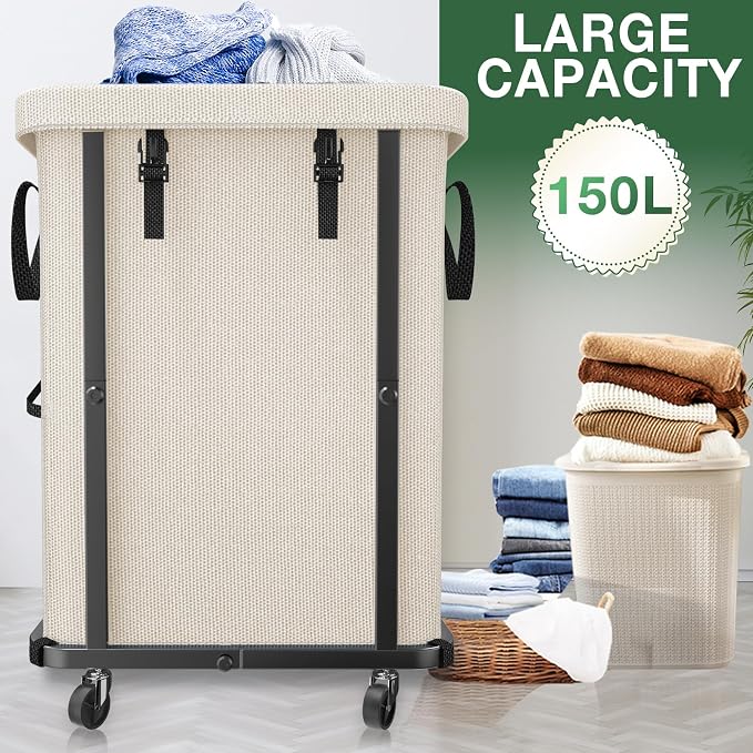 40 Gal Laundry Basket with Lid, Rolling Laundry Hamper with Wheels, Dirty - Image 2