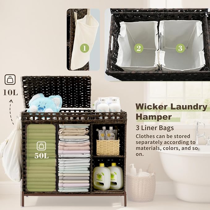 Laundry Hamper with Lid, 110L Rattan Laundry Hamper 2 Section with 50L Storage - Image 4