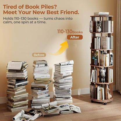 5-Tier Rotating Bookshelf on Wheels, 360° Spinning Bookshelf Tower, Round - Image 3