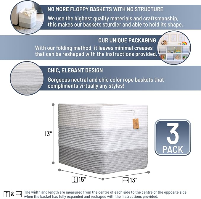 NaturalCozy 13x15x13 Kallax Storage Cubes Bins, 3 Pack | Cotton Rope Cube - Image 2