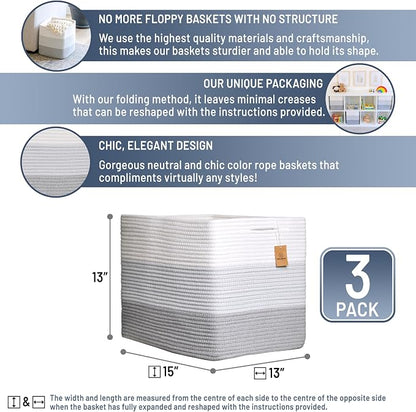 NaturalCozy 13x15x13 Kallax Storage Cubes Bins, 3 Pack | Cotton Rope Cube - Image 2