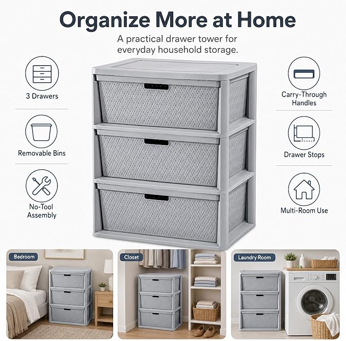 3 Drawer Storage Organizer, Plastic Drawer Organizer Tower, Closet Storage - Image 4