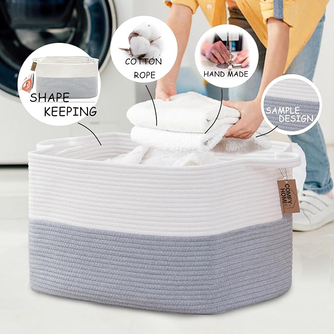 COMFY-HOMI Large Rectangle Laundry Storage Basket | Cotton Rope Woven, - Image 7