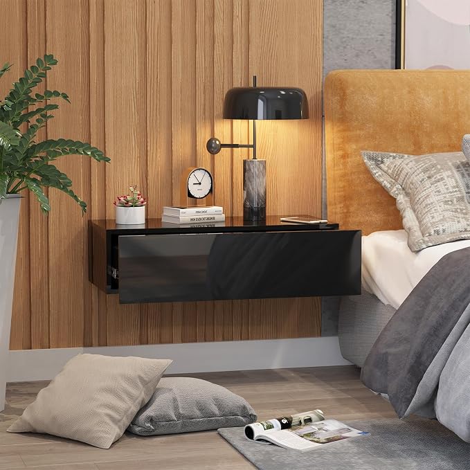 HedoAjim Black Modern Floating Wall Mounted Nightstand by HedoAjim