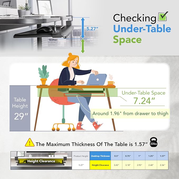 EHO Under Desk Keyboard Tray, Large 27.5" x 12.2" Slide-Out Clamp-On Drawer - Image 6