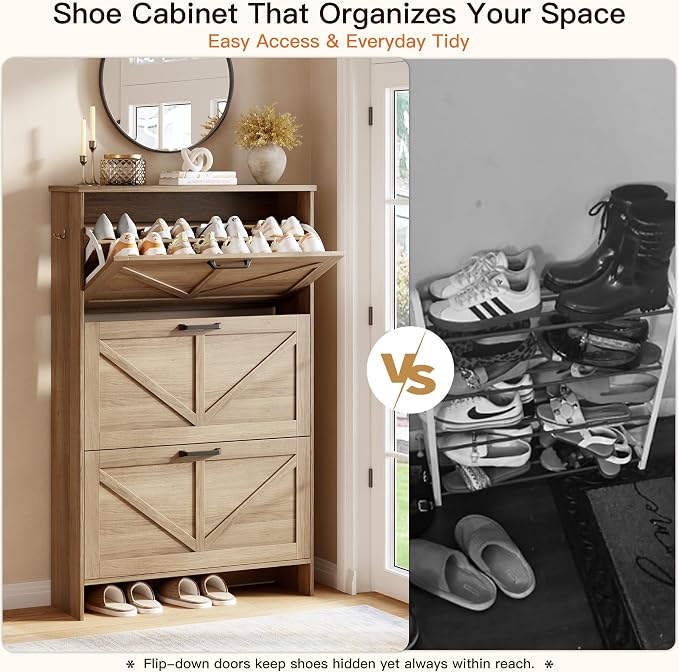 Nicetree Shoe Cabinet for Entryway, 3 Flip Drawers Shoe Storage Cabinet - Image 6